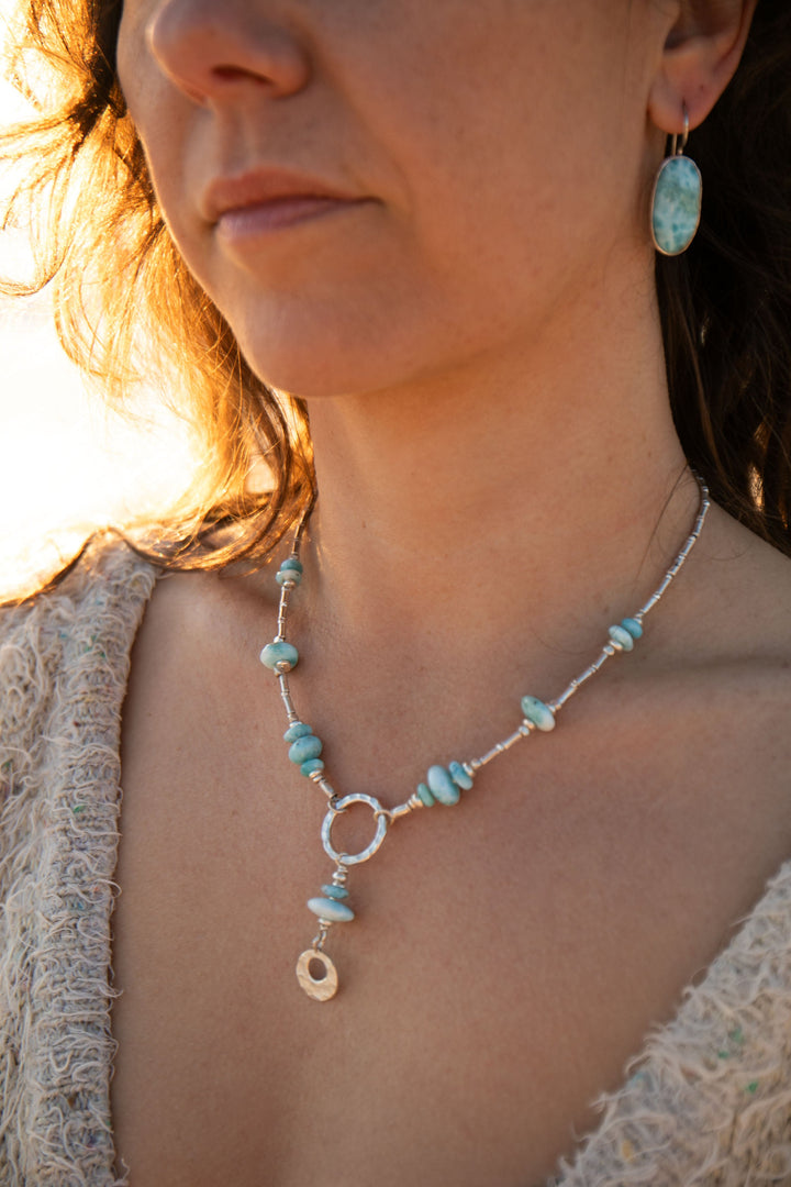 Larimar + Thai Hill Tribe Silver Necklace with Beaten Circle and Charm