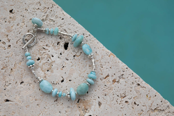 Mixed Larimar and Thai Hill Tribe Silver Bracelet