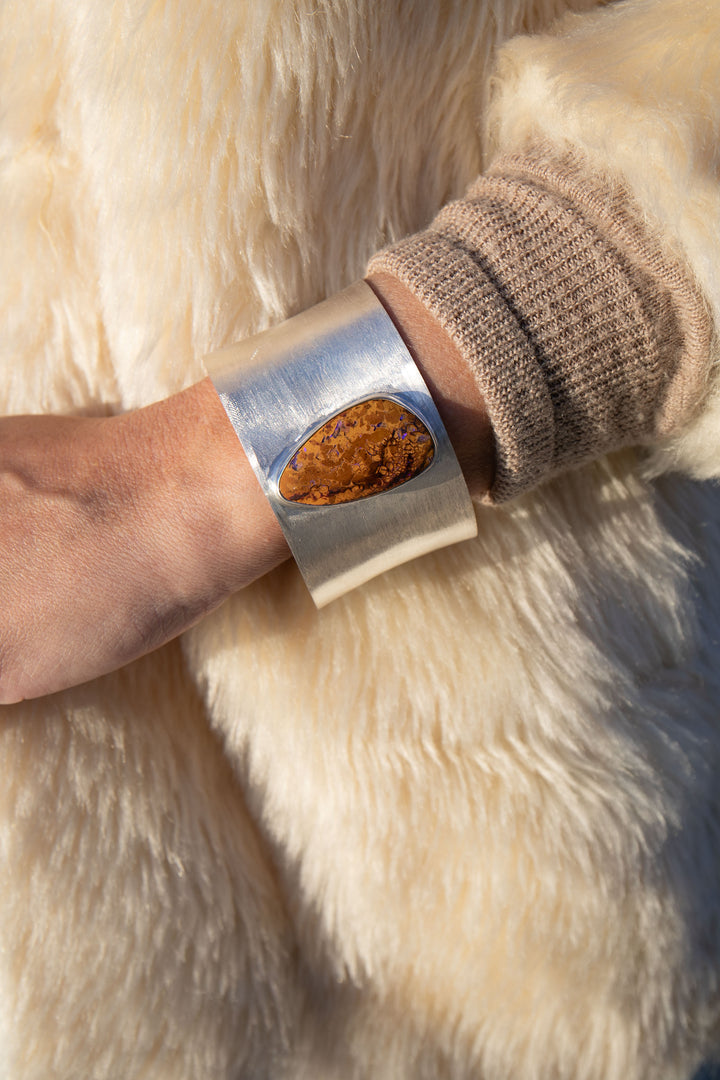 Statement Boulder Opal Bangle in Brushed Sterling Silver