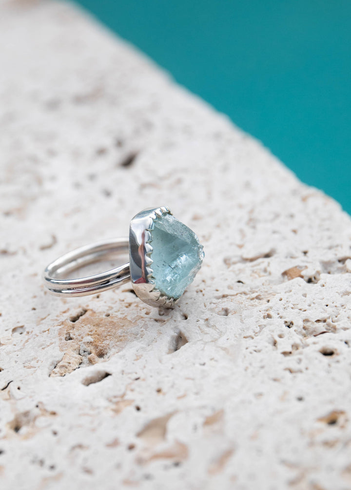Raw Aquamarine Ring in Unique Sterling Silver Setting - Size 7 US