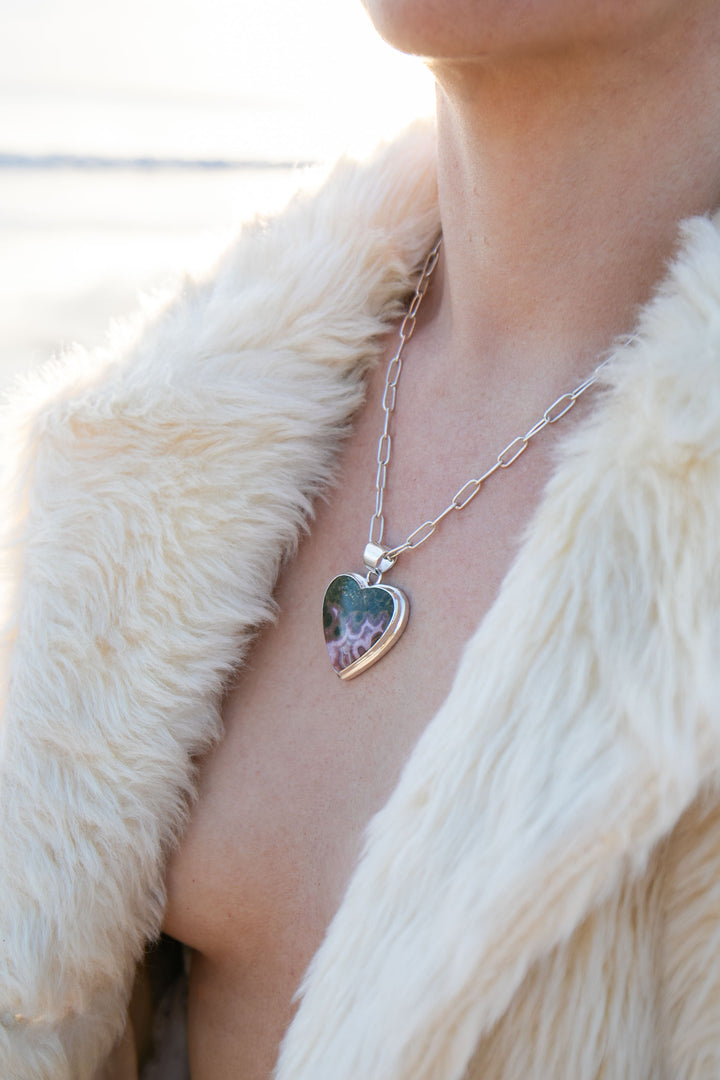 Ocean Jasper Heart Shaped Pendant in Bezel Sterling Silver Setting