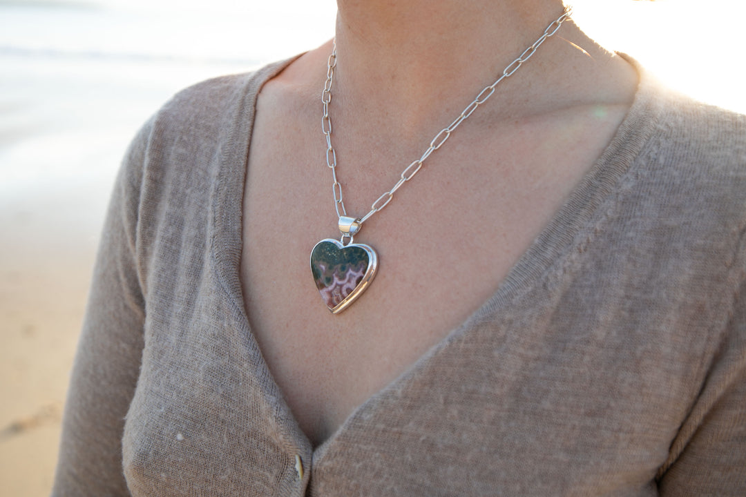 Ocean Jasper Heart Shaped Pendant in Bezel Sterling Silver Setting