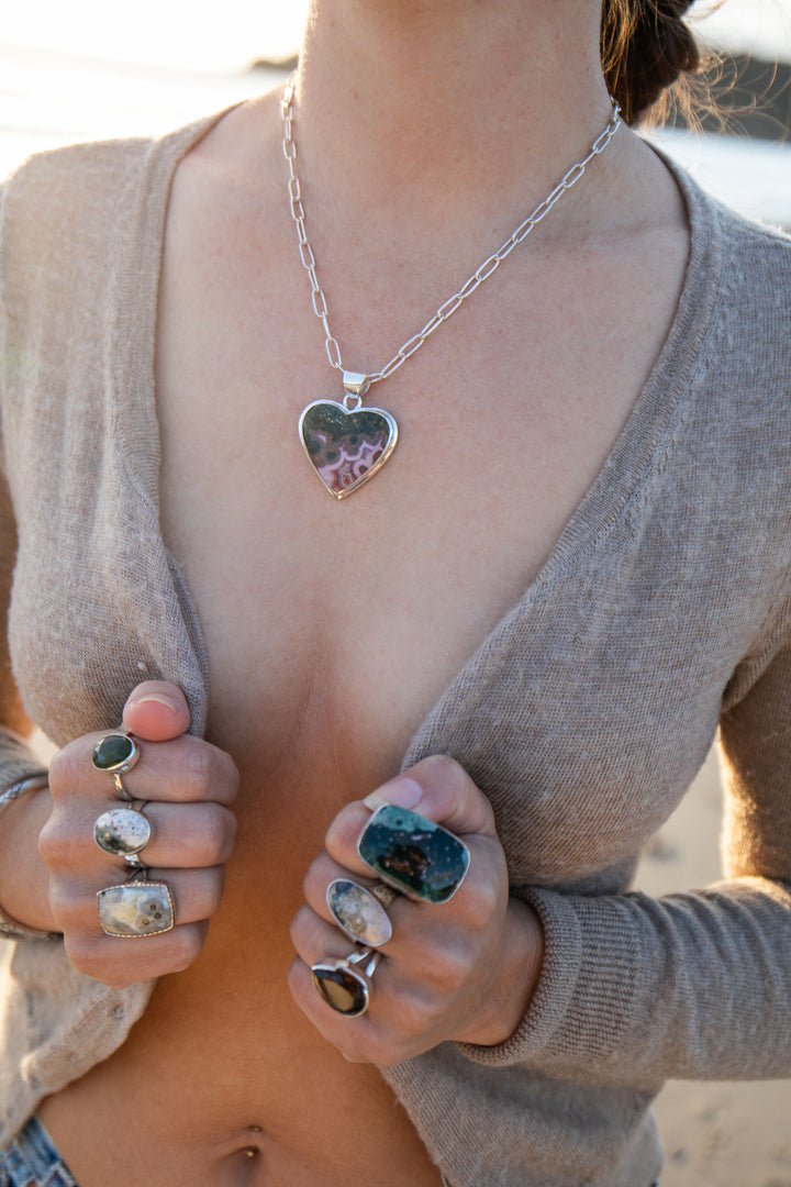 Ocean Jasper Heart Shaped Pendant in Bezel Sterling Silver Setting