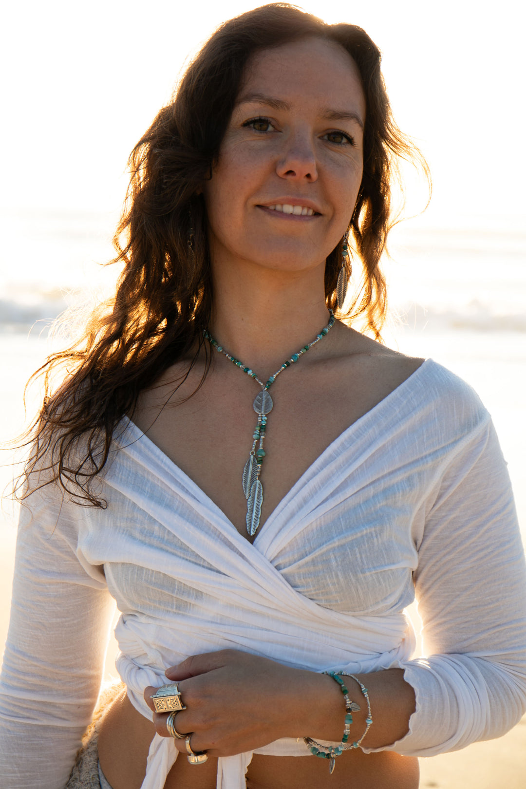 Aquamarine, Larimar and Chrysocolla Necklace with Thai Hill Tribe Silver Leaves