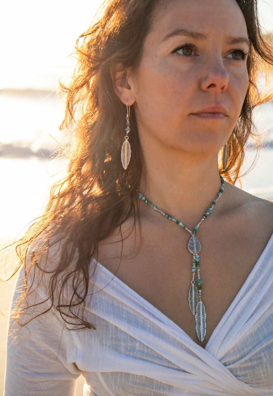 Beaded Aquamarine, Larimar and Chrysocolla Earrings with Thai Hill Tribe Silver Leaves