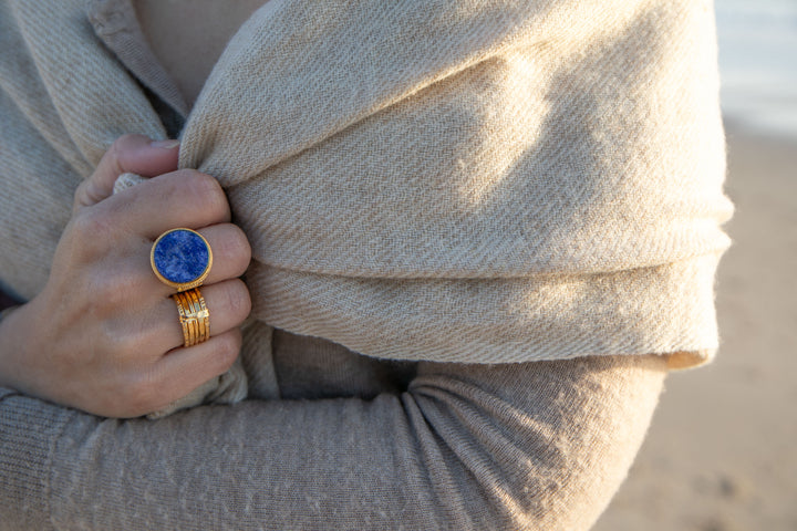 Lapis Lazuli Ring in Decorative Gold Plated 92.5% Sterling Silver - Size 7 US