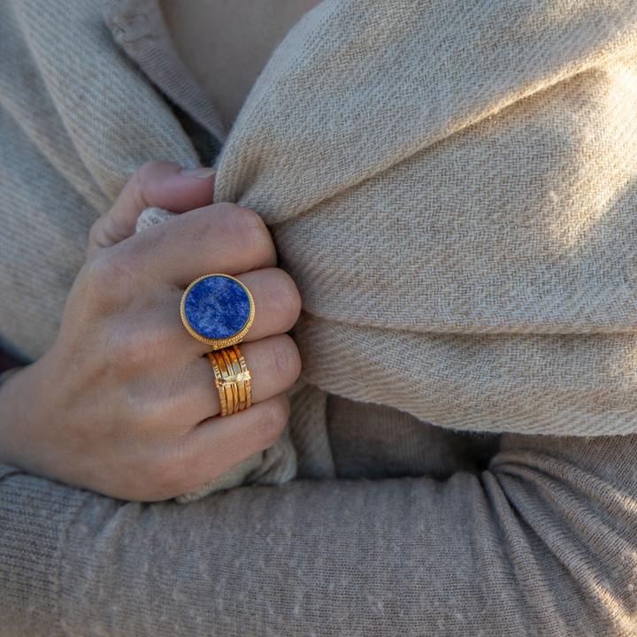 Lapis Lazuli Ring in Decorative Gold Plated 92.5% Sterling Silver - Size 7 US