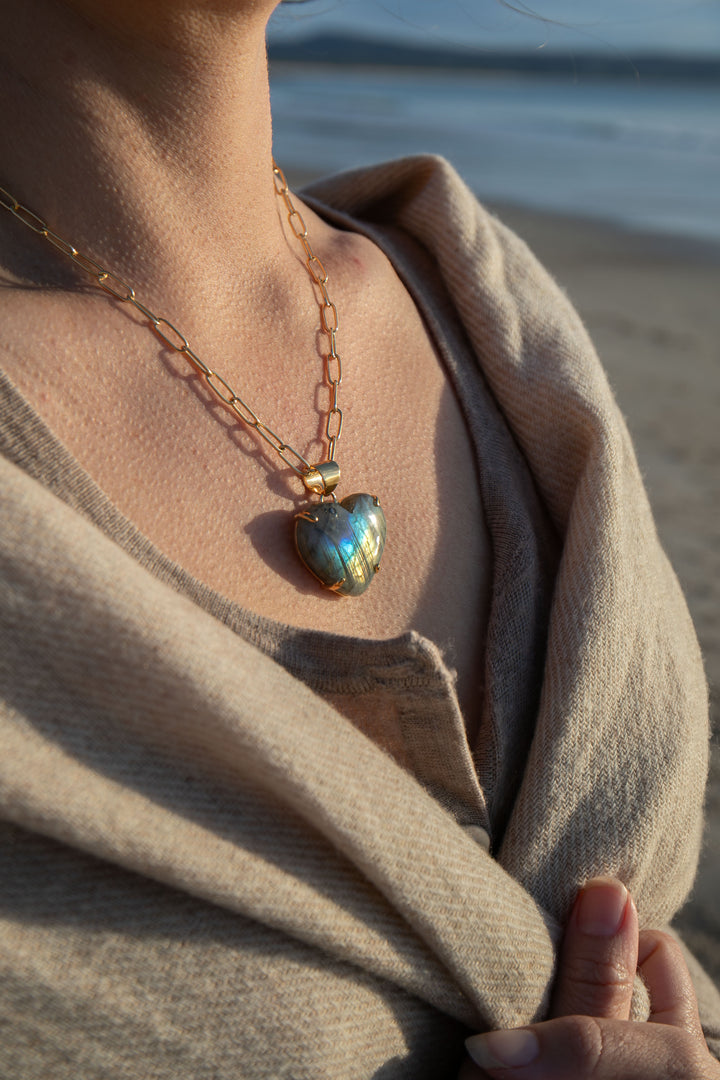 Heart Shaped Labradorite Pendant set in 14k Gold Plated Sterling Silver