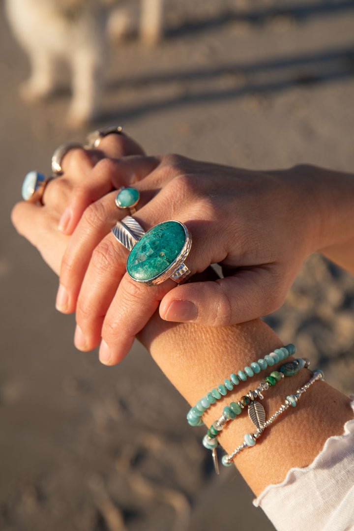 Oval Chrysocolla Ring set in Beaten Sterling Silver Design - Adjustable Band