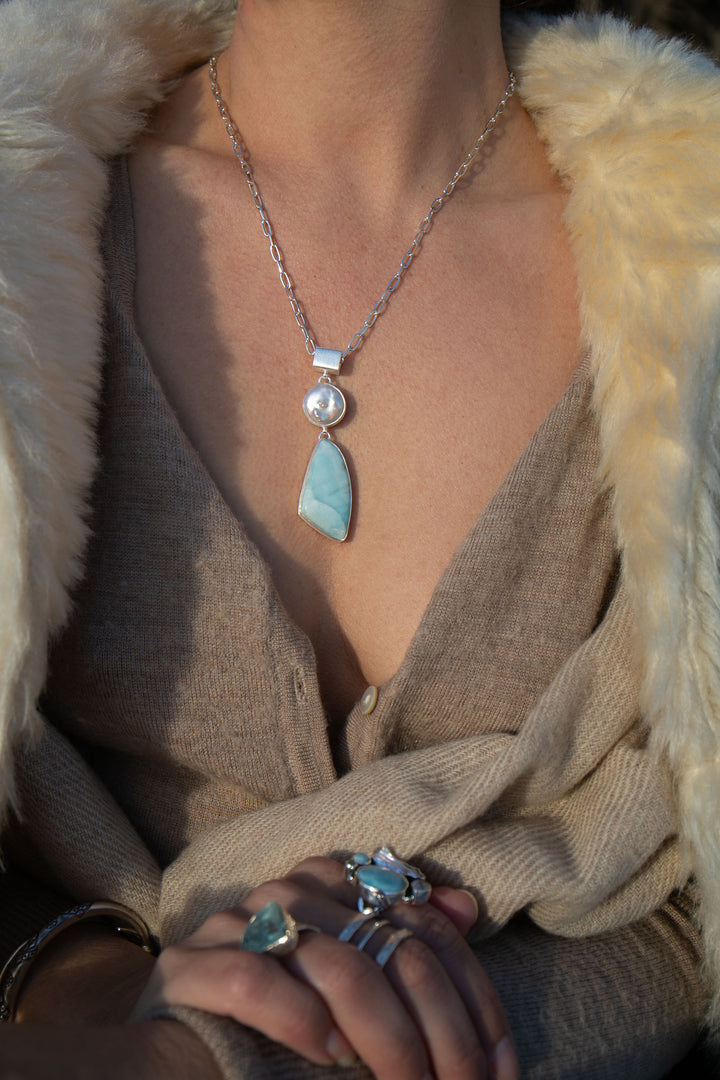 Larimar and Freshwater Pearl Pendant in Unique Silver Setting
