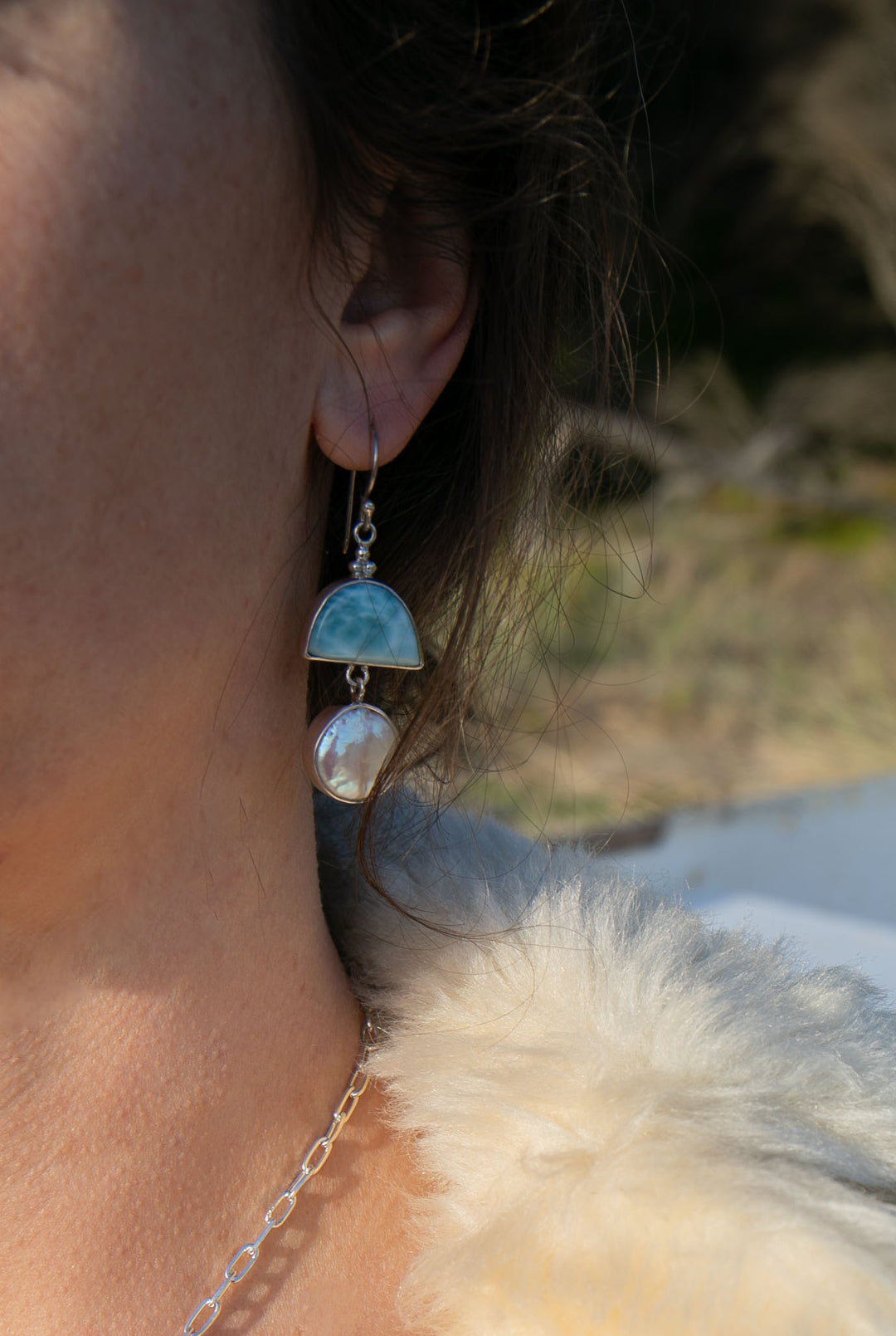 Larimar and Freshwater Pearl Asymmetrical Earrings set in Sterling Silver