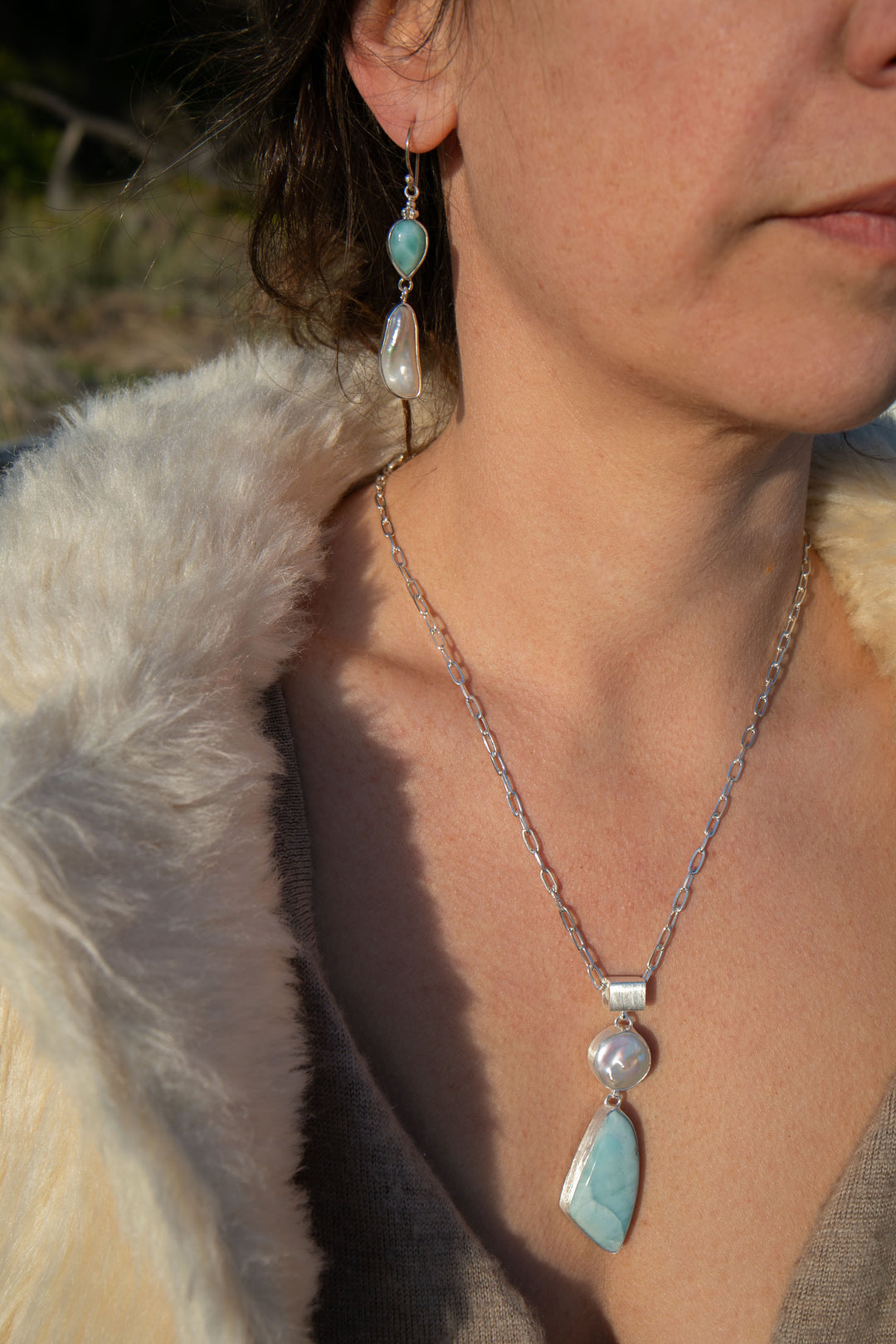 Larimar and Freshwater Pearl Asymmetrical Earrings set in Sterling Silver