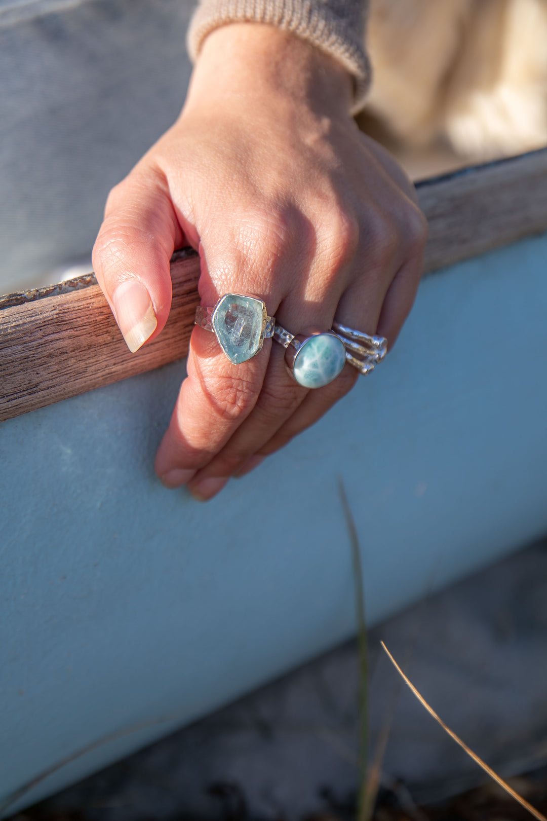 Raw Mozambique Aquamarine Ring with Beaten Adjustable Band