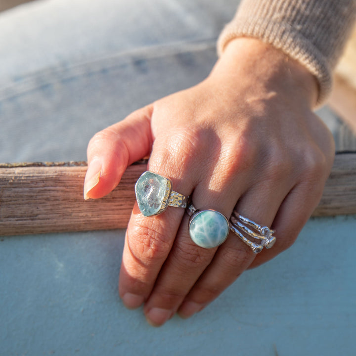 Raw Mozambique Aquamarine Ring with Beaten Adjustable Band