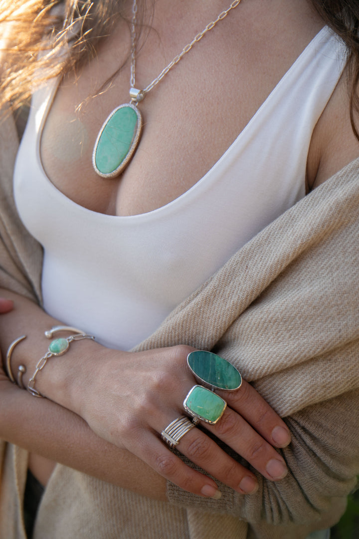Variscite Ring in Beaten Sterling Silver - Size 9 US