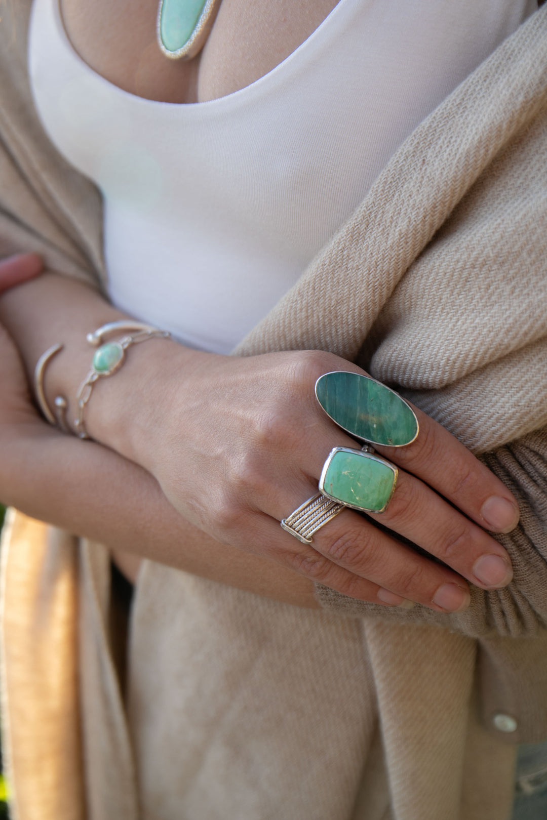 Variscite Ring in Beaten Sterling Silver - Size 9 US