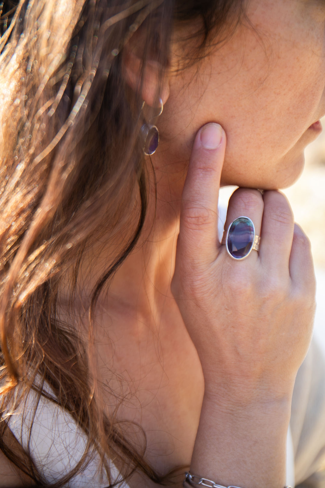Fluorite Ring in Beaten Sterling Silver - Size 7.5 US
