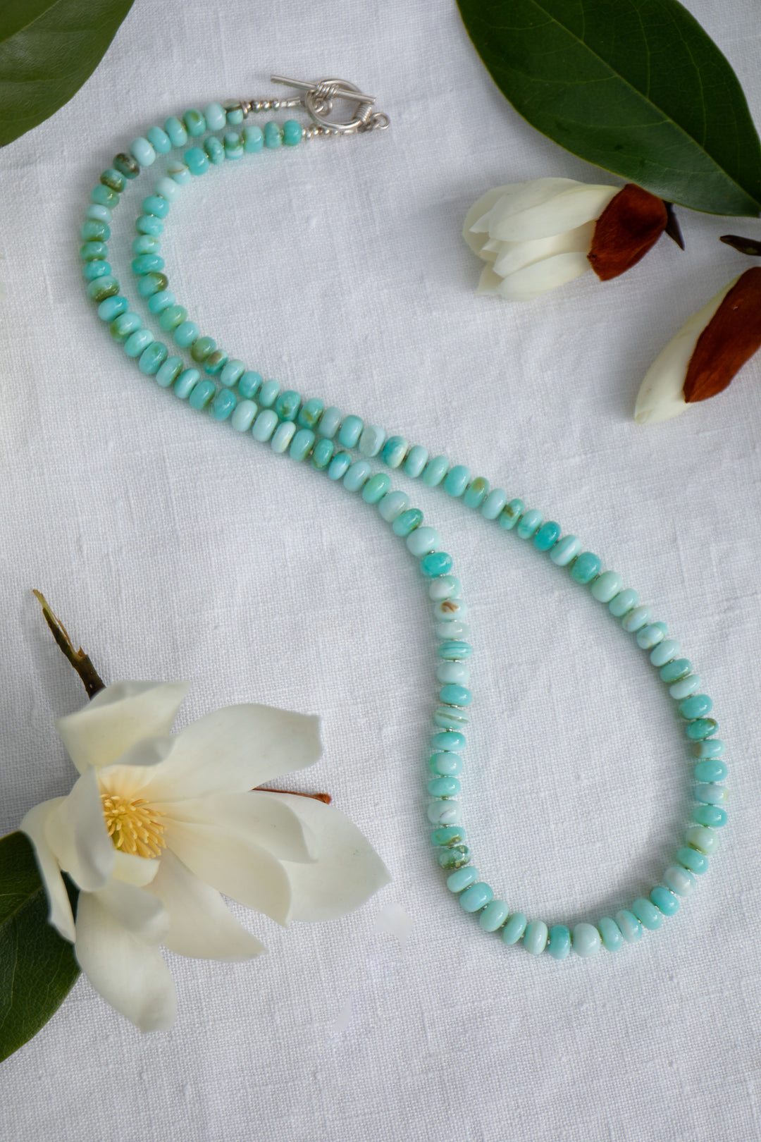 Long Blue Peruvian Opal Necklace with Thai Hill Tribe Silver