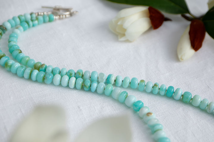 Long Blue Peruvian Opal Necklace with Thai Hill Tribe Silver