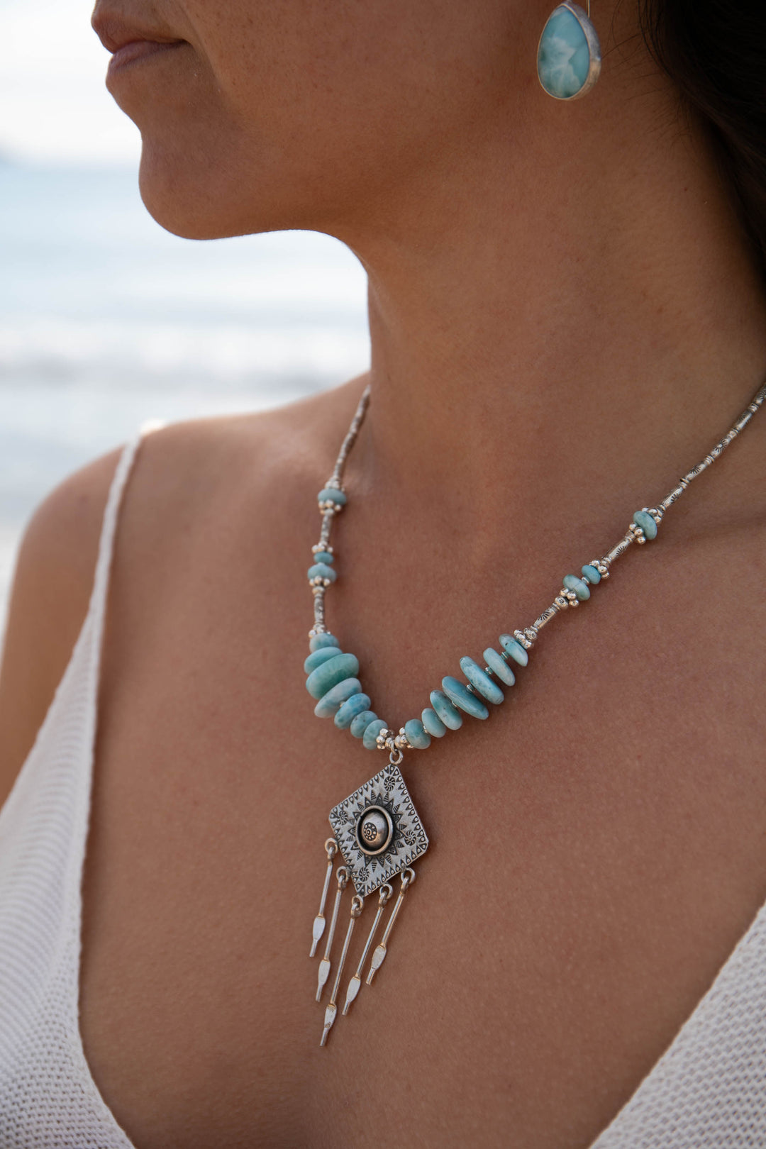 Larimar Necklace with Tribal Thai Hill Tribe Silver Kite Pendant and Beads