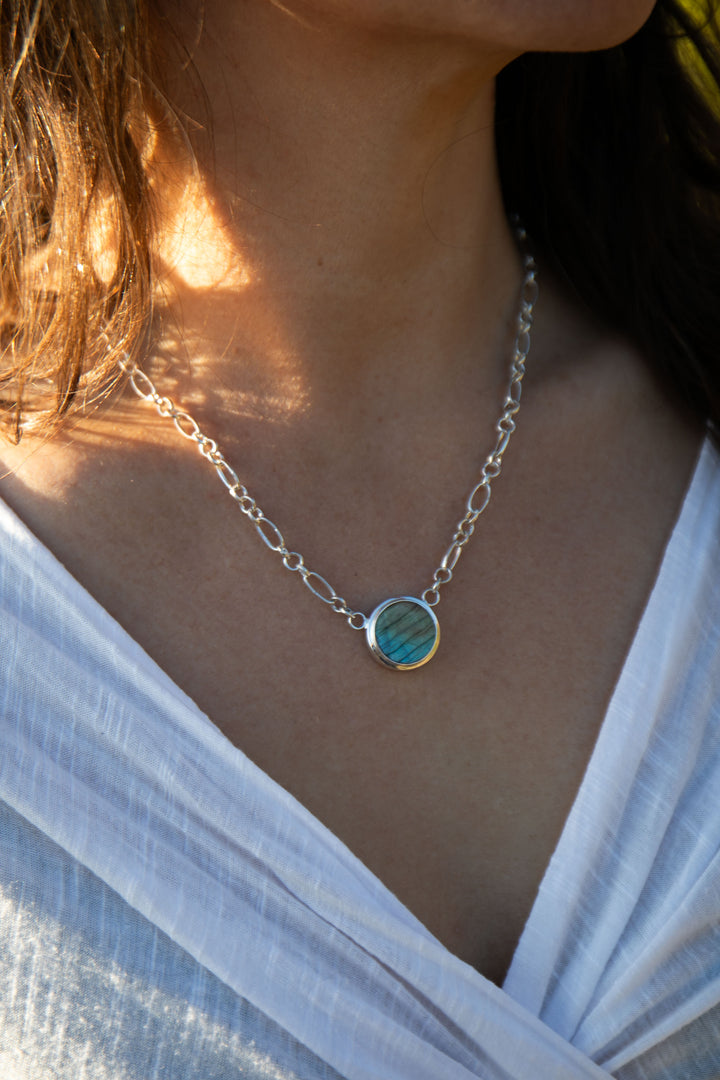 Round Labradorite Pendant on Sterling Silver Link Chain Necklace