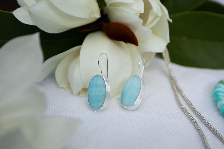 Blue Calcite Earrings in Brushed Sterling Silver