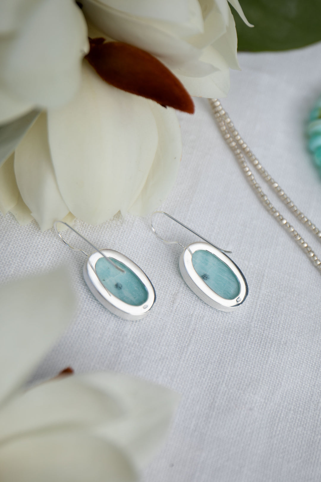 Blue Calcite Earrings in Brushed Sterling Silver