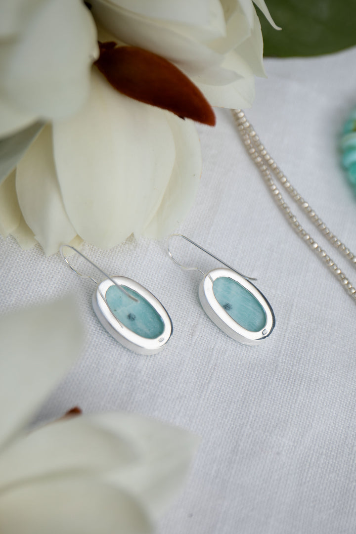 Blue Calcite Earrings in Brushed Sterling Silver