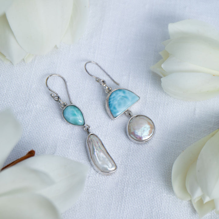 Larimar and Freshwater Pearl Asymmetrical Earrings set in Sterling Silver
