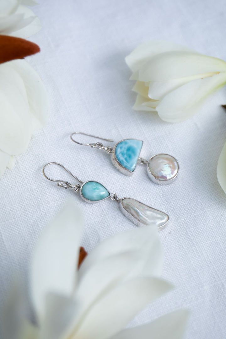 Larimar and Freshwater Pearl Asymmetrical Earrings set in Sterling Silver