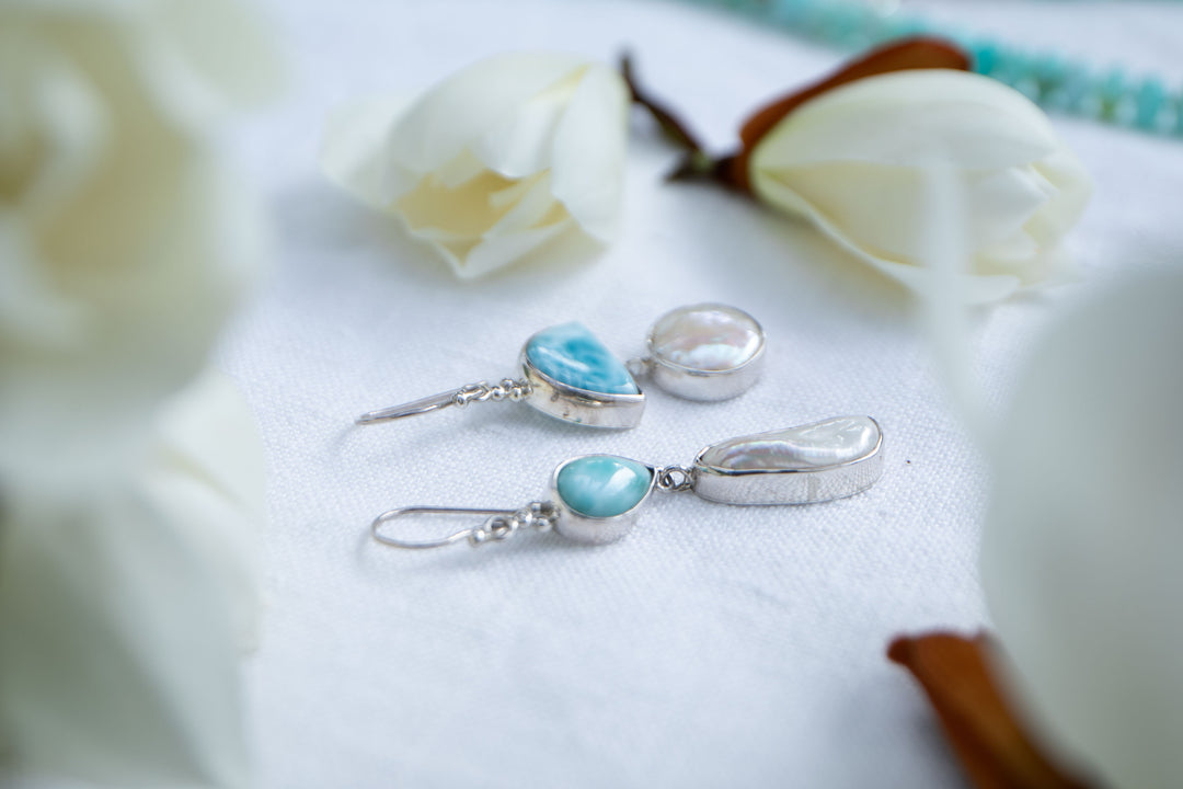 Larimar and Freshwater Pearl Asymmetrical Earrings set in Sterling Silver