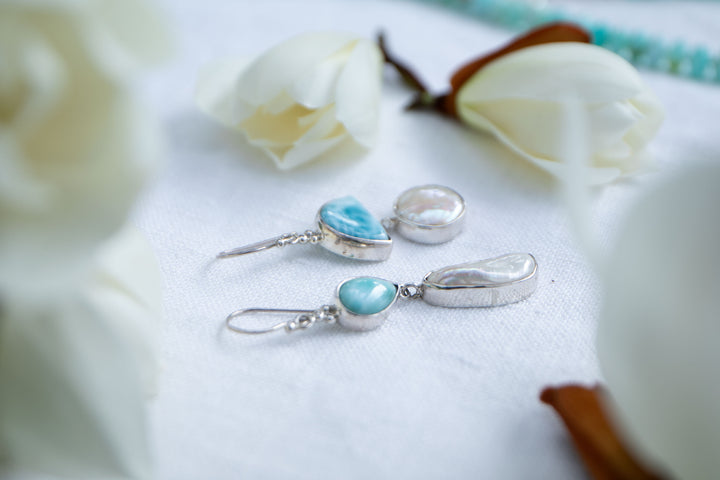Larimar and Freshwater Pearl Asymmetrical Earrings set in Sterling Silver