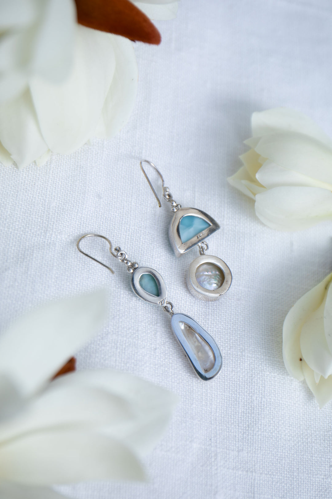 Larimar and Freshwater Pearl Asymmetrical Earrings set in Sterling Silver