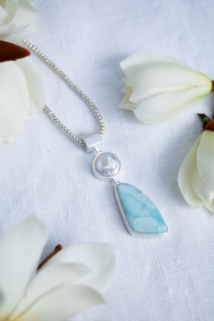 Larimar and Freshwater Pearl Pendant in Unique Silver Setting