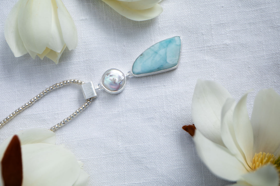 Larimar and Freshwater Pearl Pendant in Unique Silver Setting