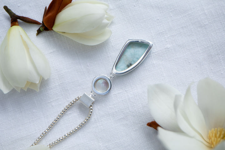 Larimar and Freshwater Pearl Pendant in Unique Silver Setting