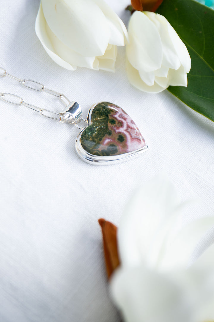 Ocean Jasper Heart Shaped Pendant in Bezel Sterling Silver Setting