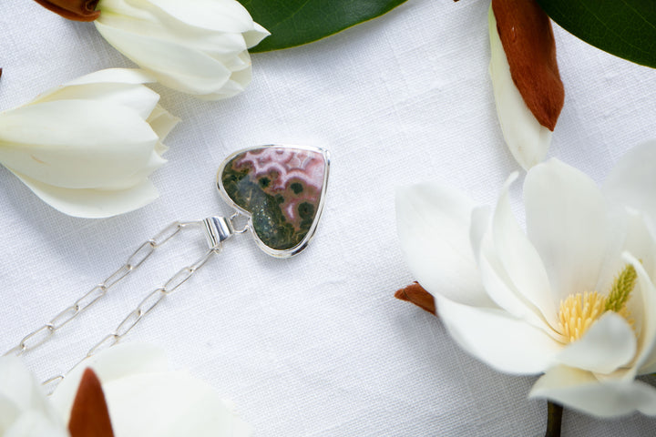 Ocean Jasper Heart Shaped Pendant in Bezel Sterling Silver Setting