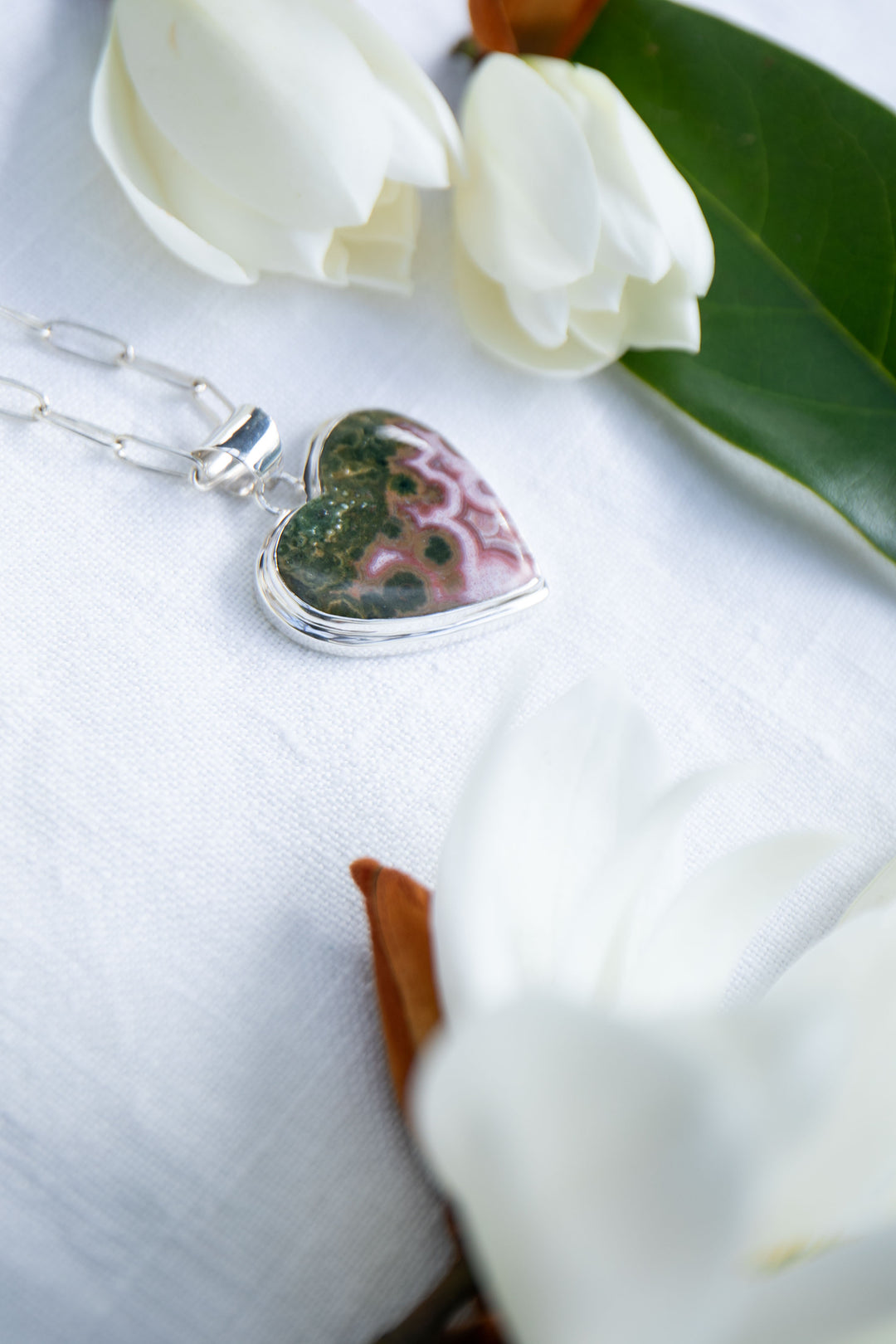 Ocean Jasper Heart Shaped Pendant in Bezel Sterling Silver Setting