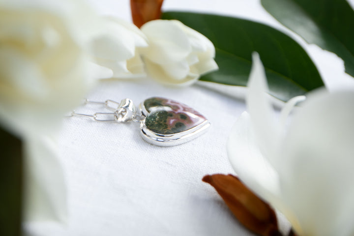 Ocean Jasper Heart Shaped Pendant in Bezel Sterling Silver Setting