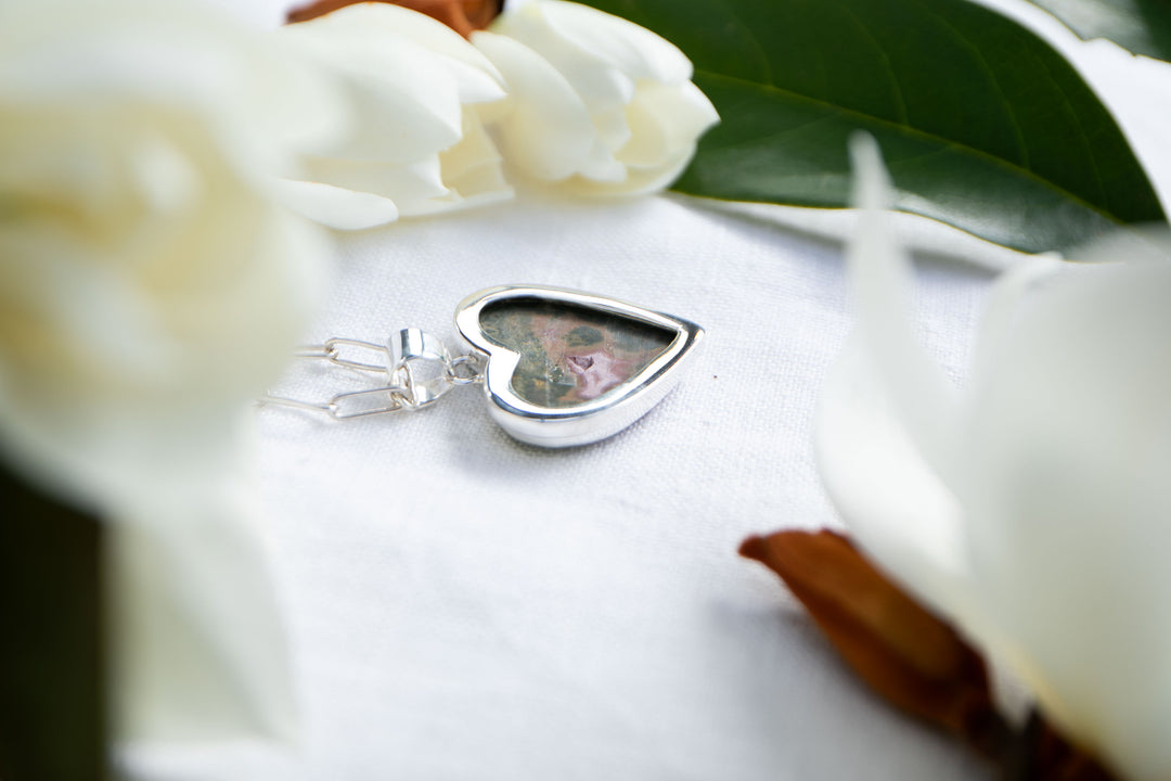 Ocean Jasper Heart Shaped Pendant in Bezel Sterling Silver Setting