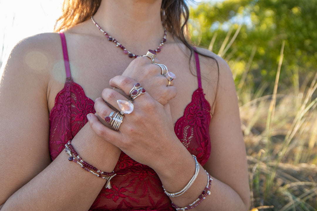 Rose Quartz, Ruby and Pink Tourmaline with Thai Hill Tribe Silver Beaded Bracelet