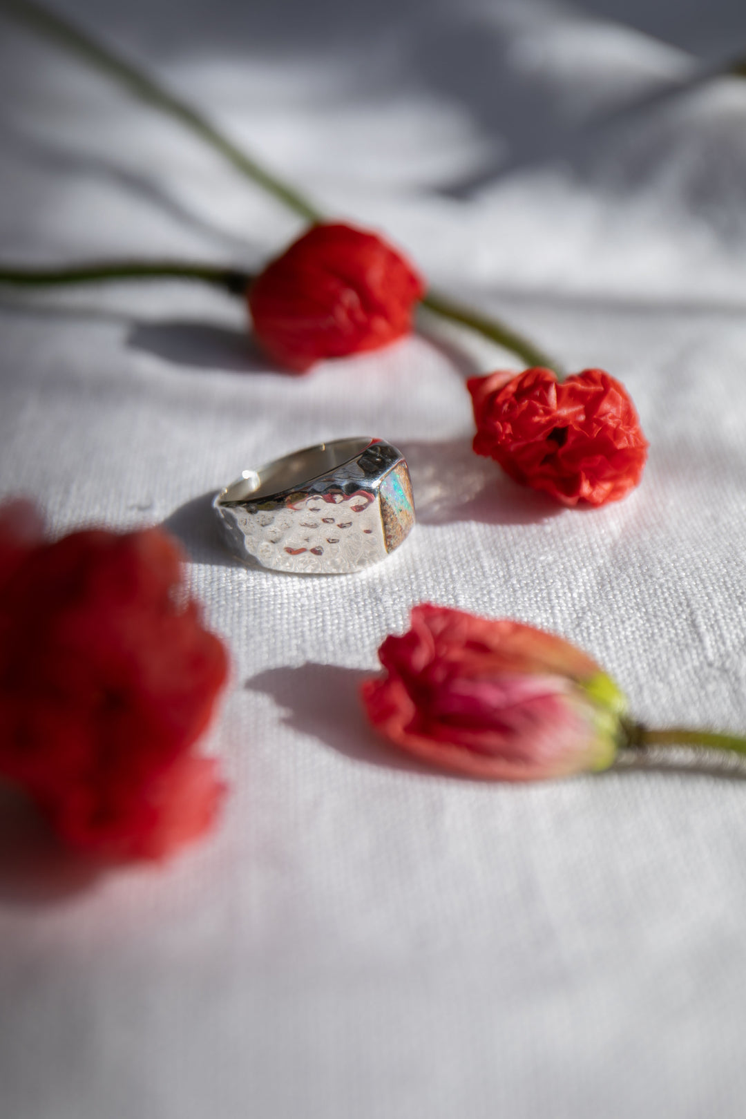Australian Opal Ring in Signet Beaten Sterling Silver Setting - Size 8 US