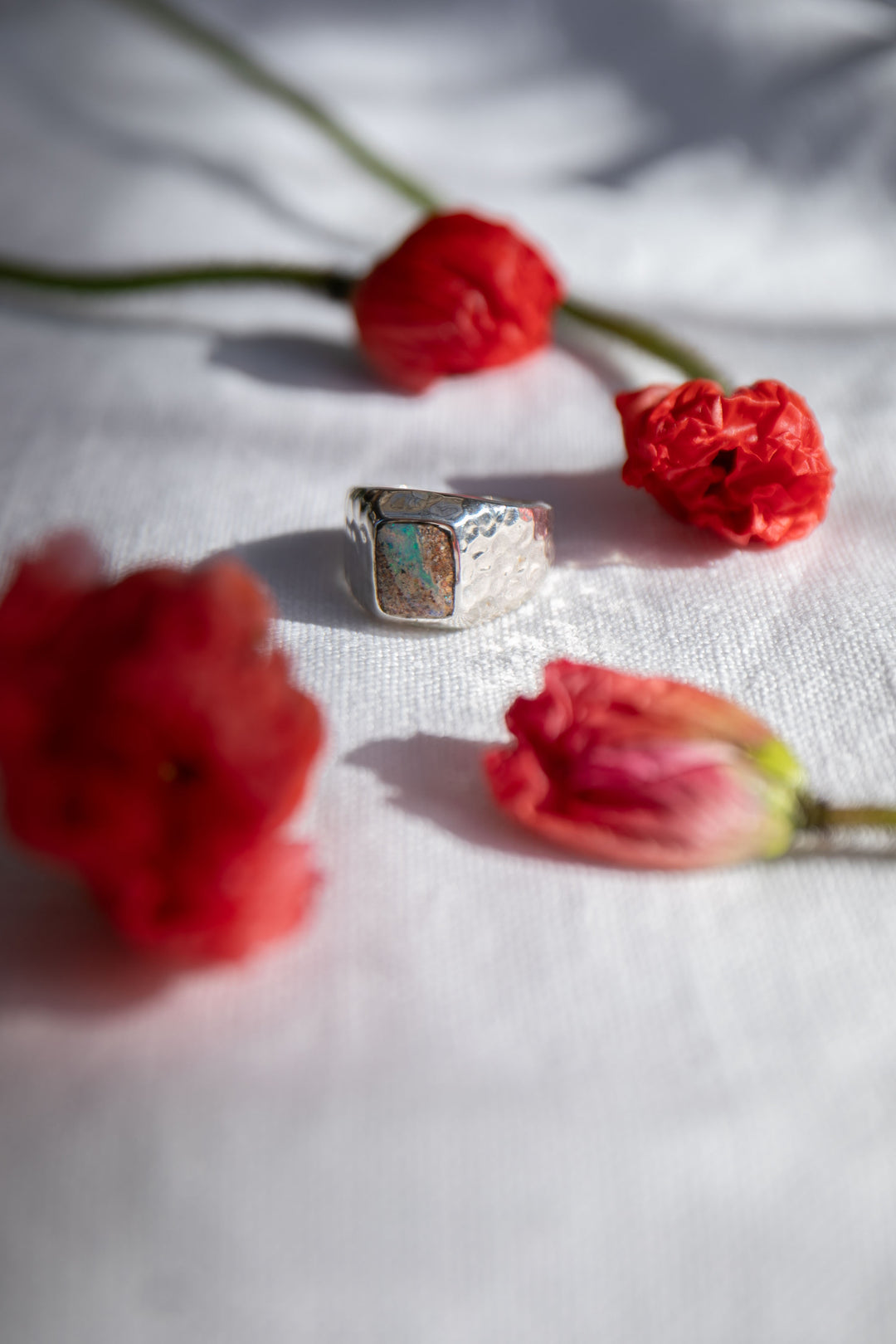 Australian Opal Ring in Signet Beaten Sterling Silver Setting - Size 8 US