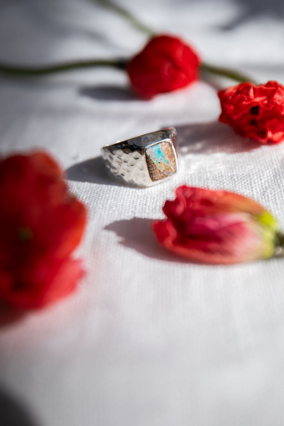 Australian Opal Ring in Signet Beaten Sterling Silver Setting - Size 8 US