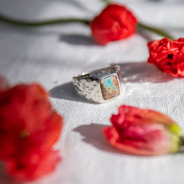 Australian Opal Ring in Signet Beaten Sterling Silver Setting - Size 8 US