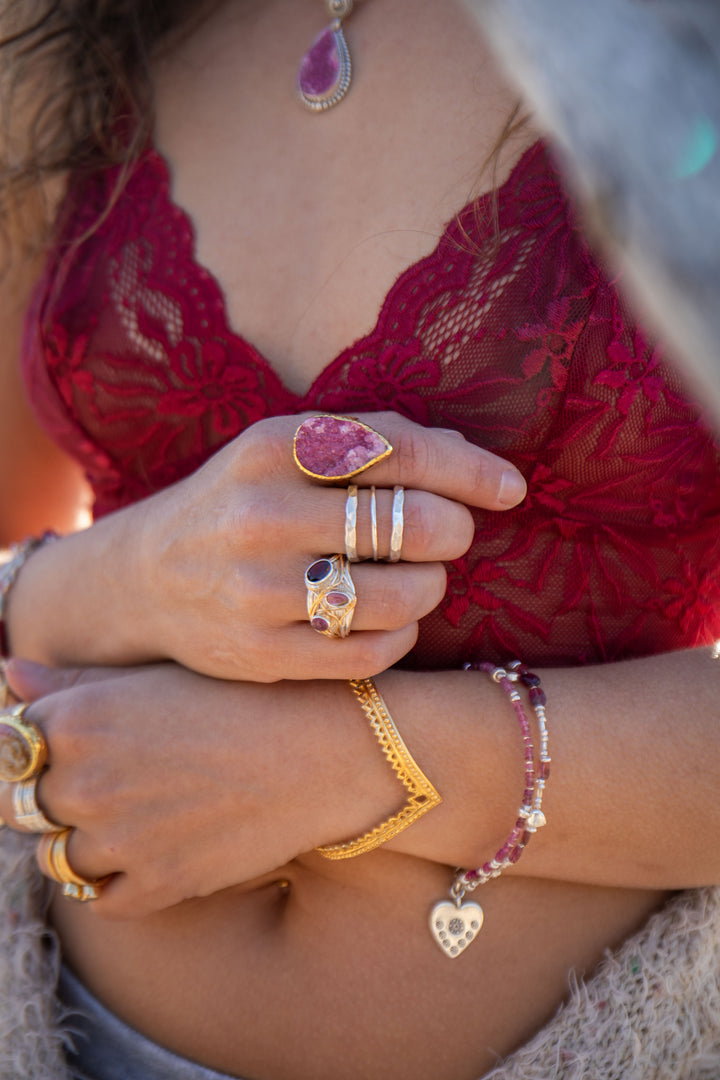 Pink Tourmaline and Garnet Ring set in Unique Sterling Silver and Gold Plated Band - Size 8 US