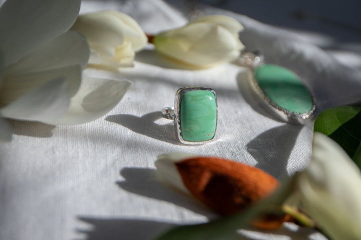 Variscite Ring in Beaten Sterling Silver - Size 9 US