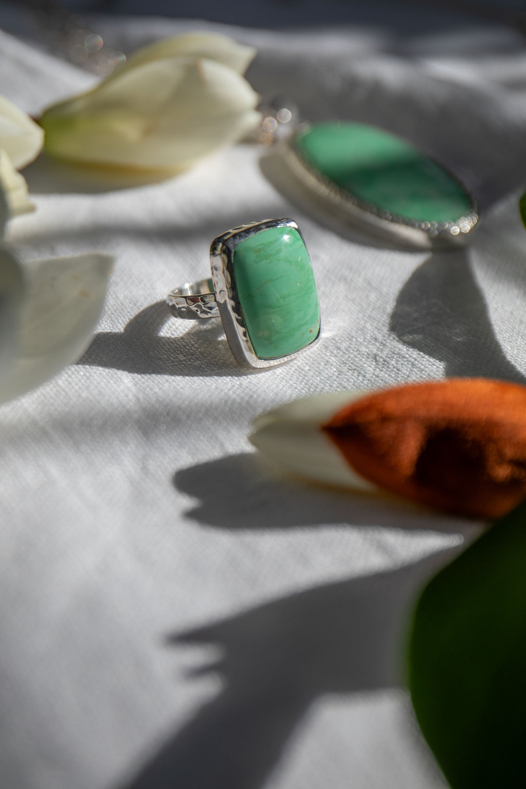 Variscite Ring in Beaten Sterling Silver - Size 9 US