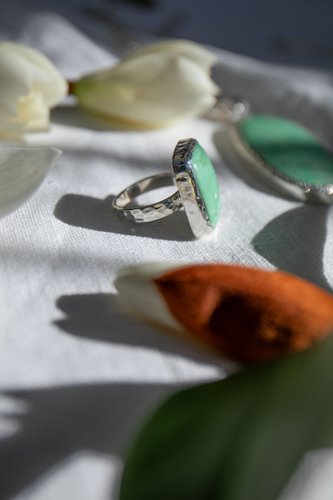 Variscite Ring in Beaten Sterling Silver - Size 9 US